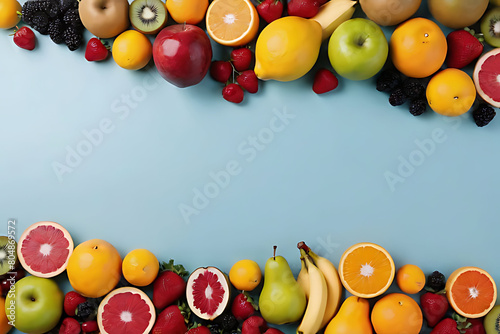 Fruits in copy-space background concept  big blank space. Place to adding text blank copy space. Fresh Fruit Basket