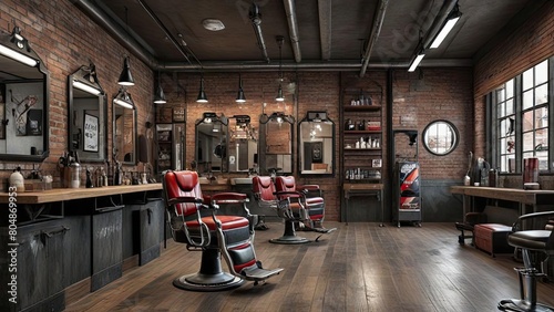 barber shop interior design with industrial architectural style and lots of mirror decorations and exposed walls with black colorway cool