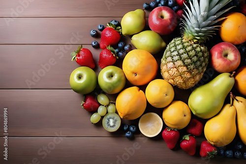 Fruits in copy-space background concept  big blank space. Place to adding text blank copy space. Orchard Harvest Medley