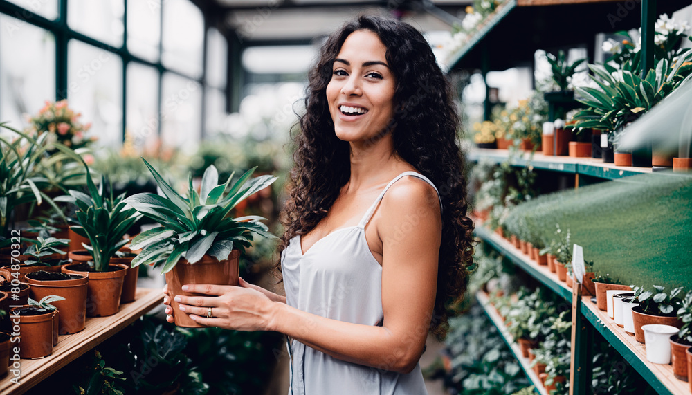 attractive latina woman holding ornamental plant inside an urban Plant Nursery attractive latina woman holding ornamental plant inside an urban Plant Nursery