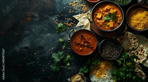 Assorted Indian Cuisine on Rustic Background: Chicken Tikka Masala, Palak Paneer, Saffron Rice, Lentil Soup, Pita Bread, and Spices. Top View Square Photo
