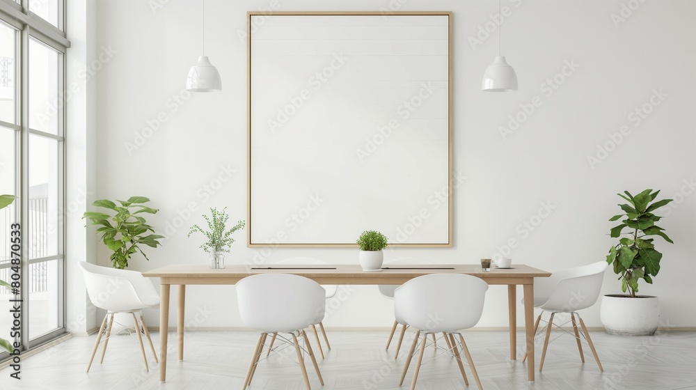 Frame mockup, dining room interior with modern wooden table and chairs, 3d render