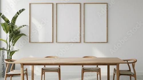 Frame mockup, dining room interior with modern wooden table and chairs, 3d render