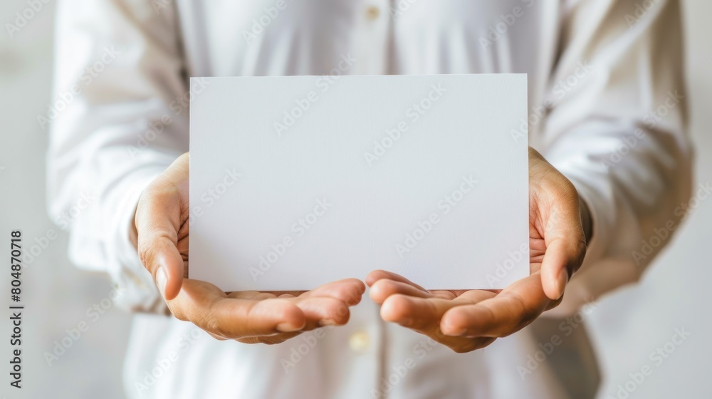 People hand holding white blank paper. generative AI image