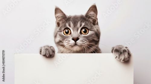 Portrait of cute Scottish cat holding white paper on white background. generative AI image