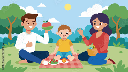 A family having a picnic in the park with the autistic child using sign language to express their excitement about the food.. Vector illustration