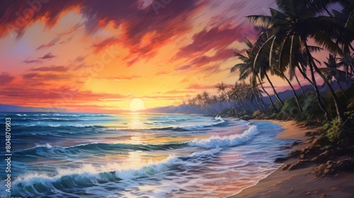 A painting of a beach with a sunset in the background. © MOUISITON