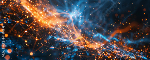 Futuristic orange and blue network lines on a dark background, visualizing data streaming in real-time.
