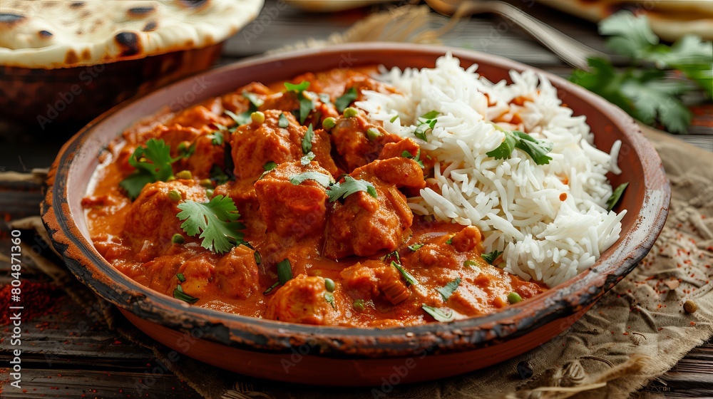 Delicious Chicken Tikka Masala Curry with Rice and Naan Bread on Wooden Background - Authentic Indian Cuisine Delicious Chicken Tikka Masala Curry with Rice and Naan Bread on Wooden Background - Authentic Indian Cuisine