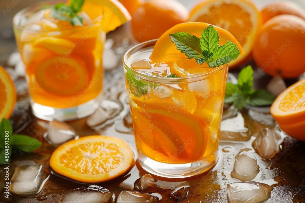 Tropical Refresher: A Pair of Sparkling Orange Soda Glasses Adorned with Ice Cubes and a Citrus Slice Tropical Refresher: A Pair of Sparkling Orange Soda Glasses Adorned with Ice Cubes and a Citrus Slice