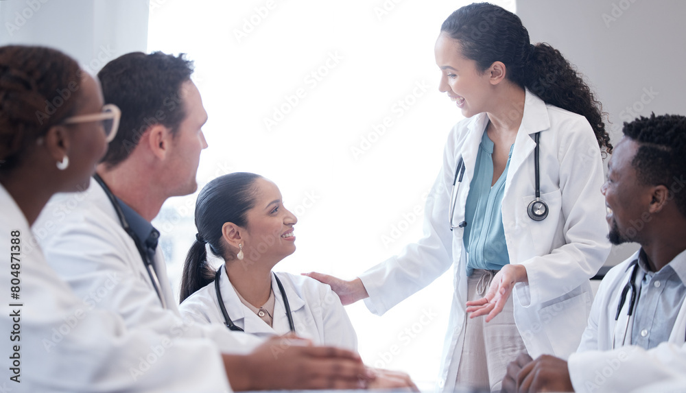 Doctors, men and women in meeting, healthcare and support with team building, conversation and wellness. Staff, medical and professional with discussion, cooperation and communication with medicare Doctors, men and women in meeting, healthcare and support with team building, conversation and wellness. Staff, medical and professional with discussion, cooperation and communication with medicare