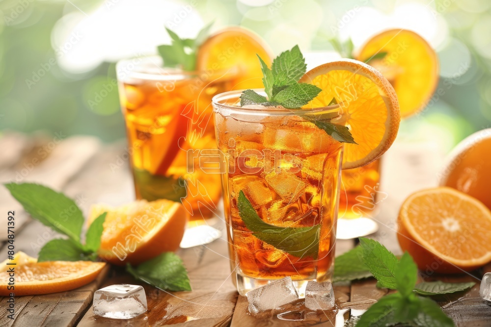 Citrus Fizz: Two Refreshing Glasses of Orange Soda with Ice Cubes and Zesty Orange Slices Citrus Fizz: Two Refreshing Glasses of Orange Soda with Ice Cubes and Zesty Orange Slices