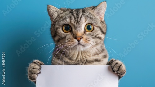 Portrait of cute Scottish cat holding white paper on blue background. generative AI image