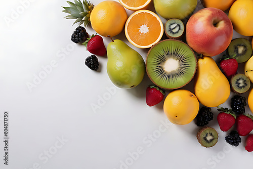 Fruits in copy-space background concept  big blank space. Place to adding text blank copy space. Tropical Orchard Harvest