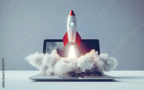 Rocket coming out of laptop screen, Startup and innovation and creativity concept, 3d illustration.