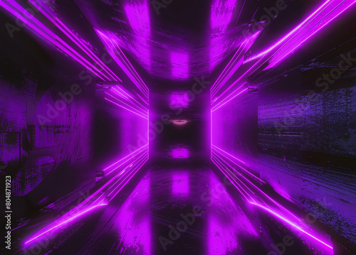 Empty dark tunnel with neon purple lights in cyberpunk style, spaceship, cement floor, science fiction