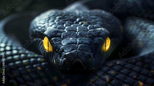 a black and gold snake, with its head raised, showcases photorealistic detail in this rendered image created using cinema4d. photo