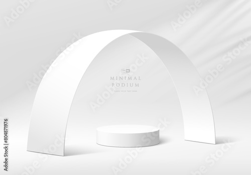 3D white product podium background with curve frame paper cut decorate. Abstract composition in minimal design. 3D studio showroom product pedestal, Fashion showcase mockup scene. Banner cosmetic.