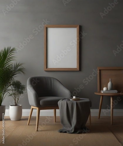 wooden frame mockup in boho living room interior background