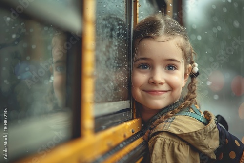 Smiling schoolgirl rides the school bus
