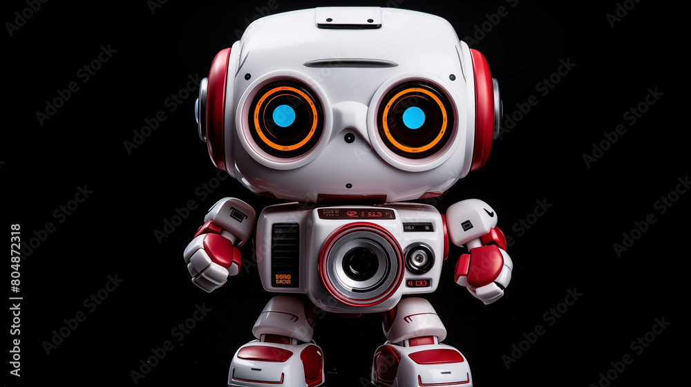 Robot character, designed to appear cute and friendly. It features large blue eyes, a small-sized body predominantly in white, with red accents on its headphones and joints