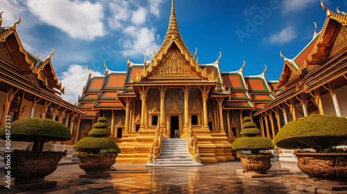 The beautiful scenery of Thai Phra Kaew Temple is striking architecture with intricate details. The roofs are high pitched and multi-tiered, which is a common feature in Thai temple design. photo