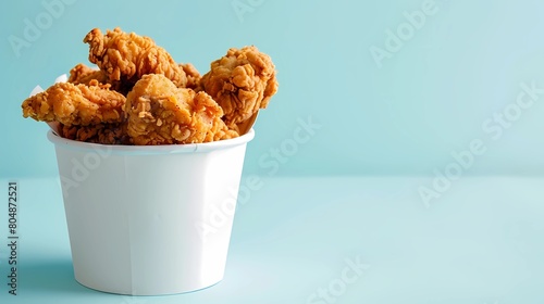 Fried chicken in a white cup on blue background with copy space,  Generative AI illustrations.