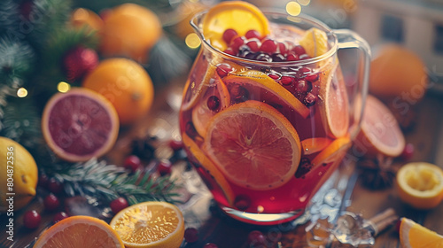 A refreshing pitcher of homemade sangria  filled with sliced oranges  lemons  and berries  infused with red wine and a splash of brandy for a fruity and festive cocktail perfect for entertaining. 