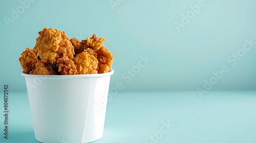Crispy fried chicken in a white bucket on a blue background, Generative AI illustrations.