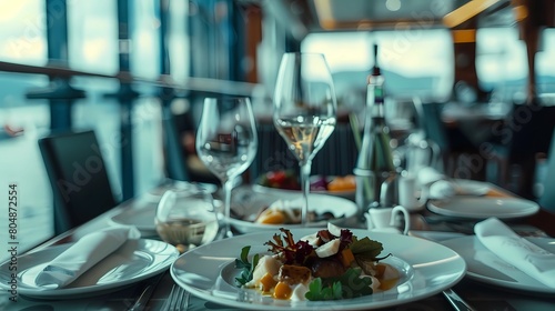 Restaurant table with food and drinks in a luxury cruise ship  Generative AI illustrations.