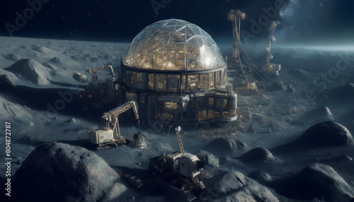Futuristic Lunar Colony with Mining Operations on the Moon