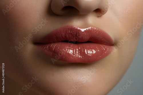 Moisturizing lip balm, lipstick. Close-up of a beautiful sexy wet lips. Full lips with gloss makeup. Filler Injections
