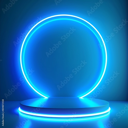 Blue realistic 3d cylinder stand podium with glowing blue neon in circle shape. Abstract 3D Rendering geometric forms. Minimal scene. Stage showcase, Mockup product display. Generative Ai