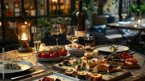 Elegant Restaurant Table Setting: Tapas, Appetizers, Canapés in Soft, Romantic Ambiance