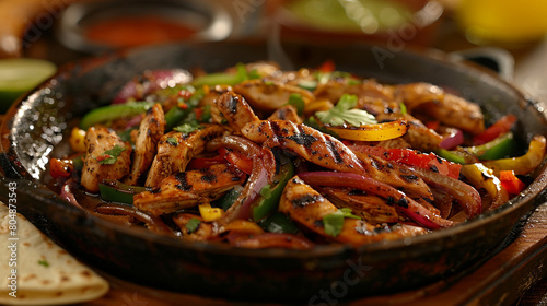 A sizzling hot plate of sizzling fajitas with tender strips of grilled chicken, bell peppers, and onions, served with warm tortillas and all the fixings for a flavorful and satisfying Tex-Mex feast. 