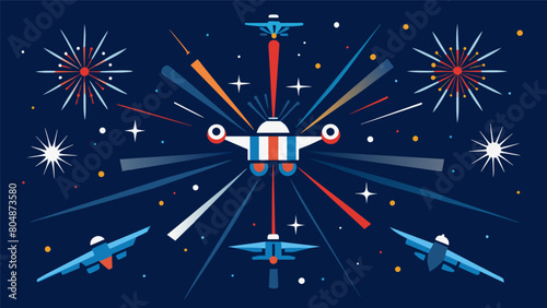 An aerial spectacle of drones creating a captivating light show with bursts of stars and stripes and flashes of dazzling fireworks.. Vector illustration