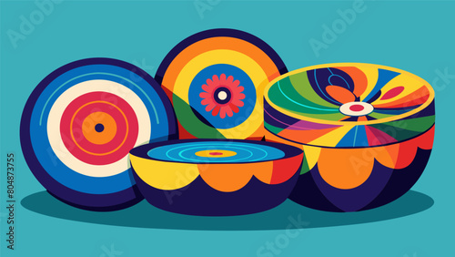 A set of upcycled vinyl record bowls with psychedelic paint designs. Vector illustration