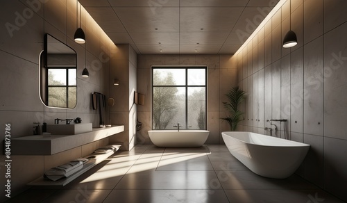 Modern bathroom interior with shower and mirror using an industrial concept © Rahmat 