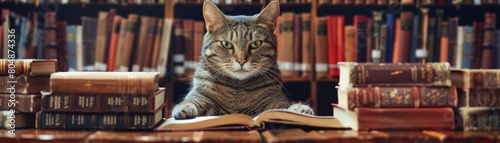 A cat as a librarian, organizing books and assisting visitors in a quaint community library photo