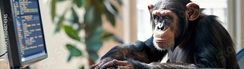 A chimpanzee as a computer programmer, expertly coding and debugging software applications photo