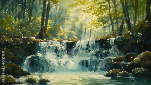 A detailed watercolor painting of a babbling brook cascading through a lush forest  capturing the sunlight dappling through the leaves with layered washes  Generative AI