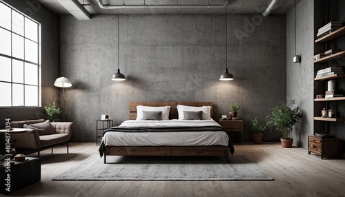bedroom interior design with an industrial concept with hanging lights or bedroom with bed or interior of a bedroom or hotel room with bed photo