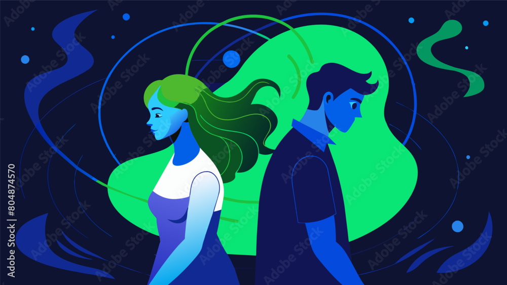 A couple where one partner has depression and the other has anxiety must navigate through their different coping mechanisms and support each other. Vector illustration