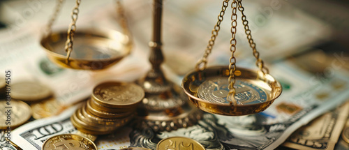 a balance scale with money on both sides. The background is a blurred image of money. The image is about the concept of justice and equality