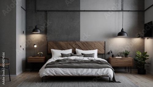 bedroom interior design with an industrial concept with hanging lights or bedroom with bed or interior of a bedroom or hotel room with bed