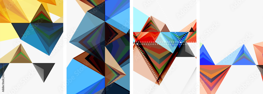A vibrant collage featuring four different colored triangles blue, rectangle, electric blue, and glass creating a pattern of symmetry in creative arts A vibrant collage featuring four different colored triangles blue, rectangle, electric blue, and glass creating a pattern of symmetry in creative arts