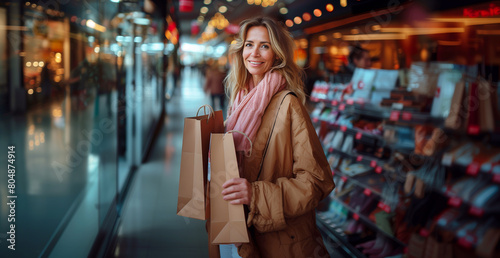 Wallpaper Mural A woman is shopping in a store with a pink scarf around her neck. She is holding two brown paper bags and smiling Torontodigital.ca