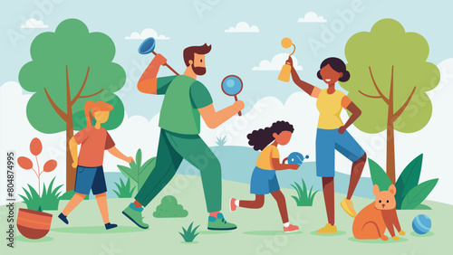 In a naturefilled scavenger hunt families search for hidden workout routines inspired by animals and natural elements found in the park.. Vector illustration