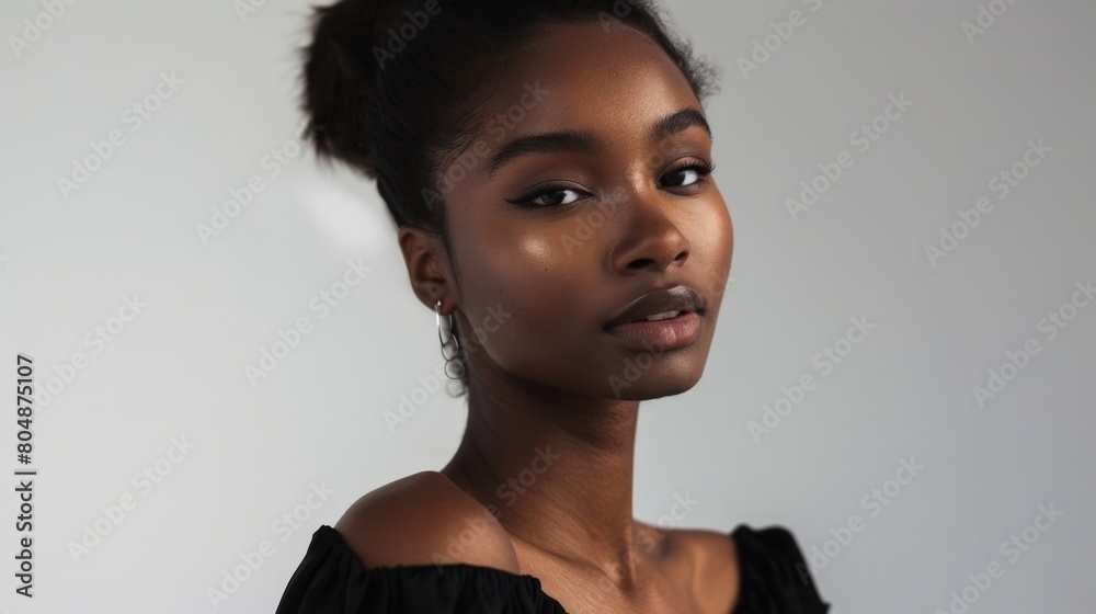 African American beauty in a sophisticated studio shoot, her perfect skin and minimal makeup illustrating modern elegance African American beauty in a sophisticated studio shoot, her perfect skin and minimal makeup illustrating modern elegance