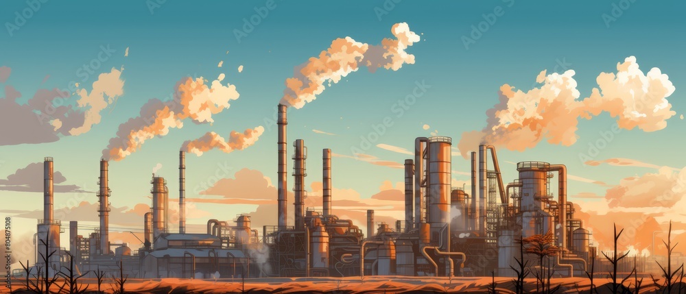 Factory exterior with smokestacks, focusing on pollution control devices,
